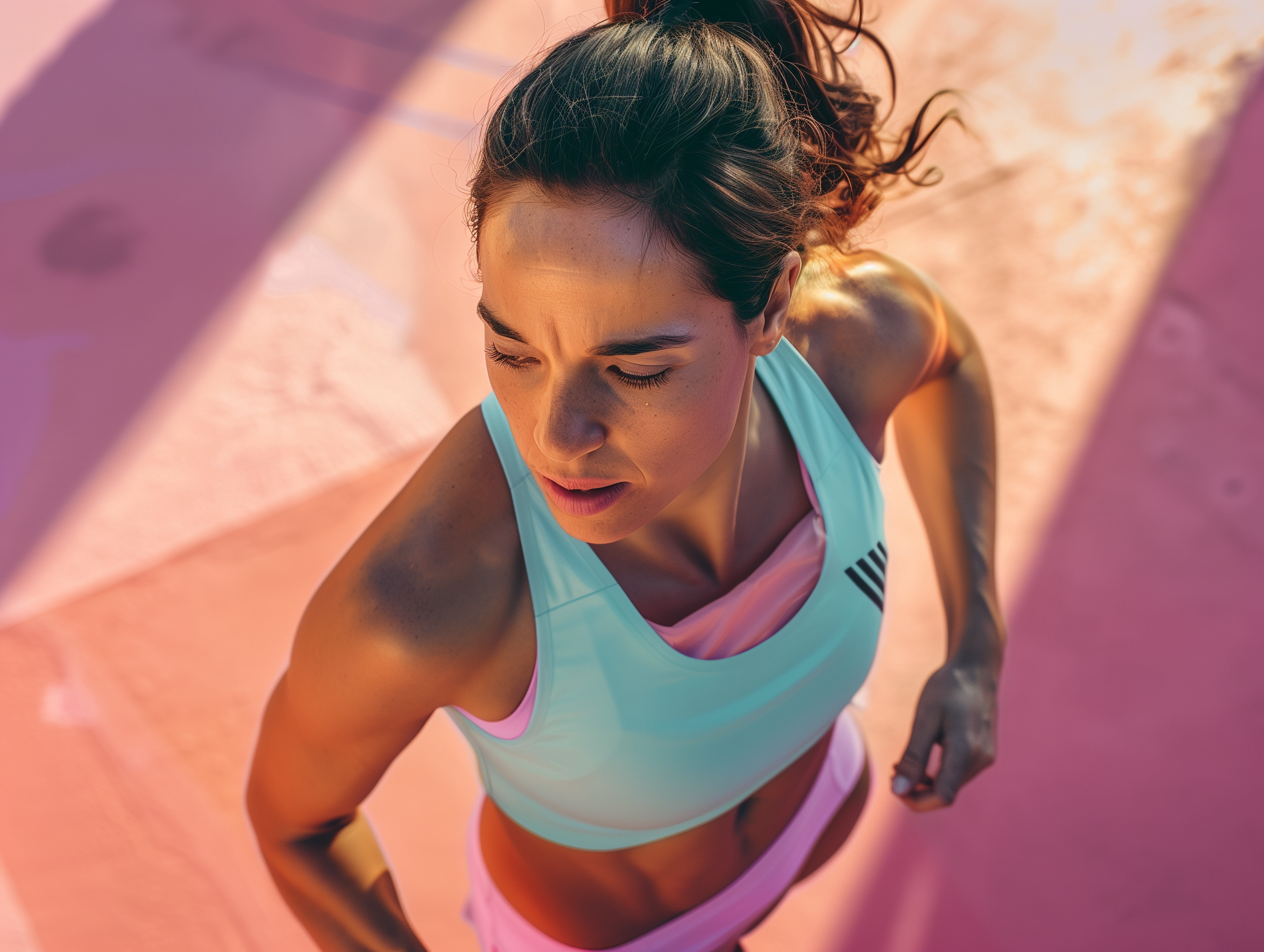A determined young woman running on a pink athletic track, captured from above. She is wearing a light blue sports bra and pink shorts, her hair tied back in a ponytail. The image emphasizes the importance of staying hydrated and maintaining a consistent fitness routine, highlighting a proactive approach to health and wellness for busy women.