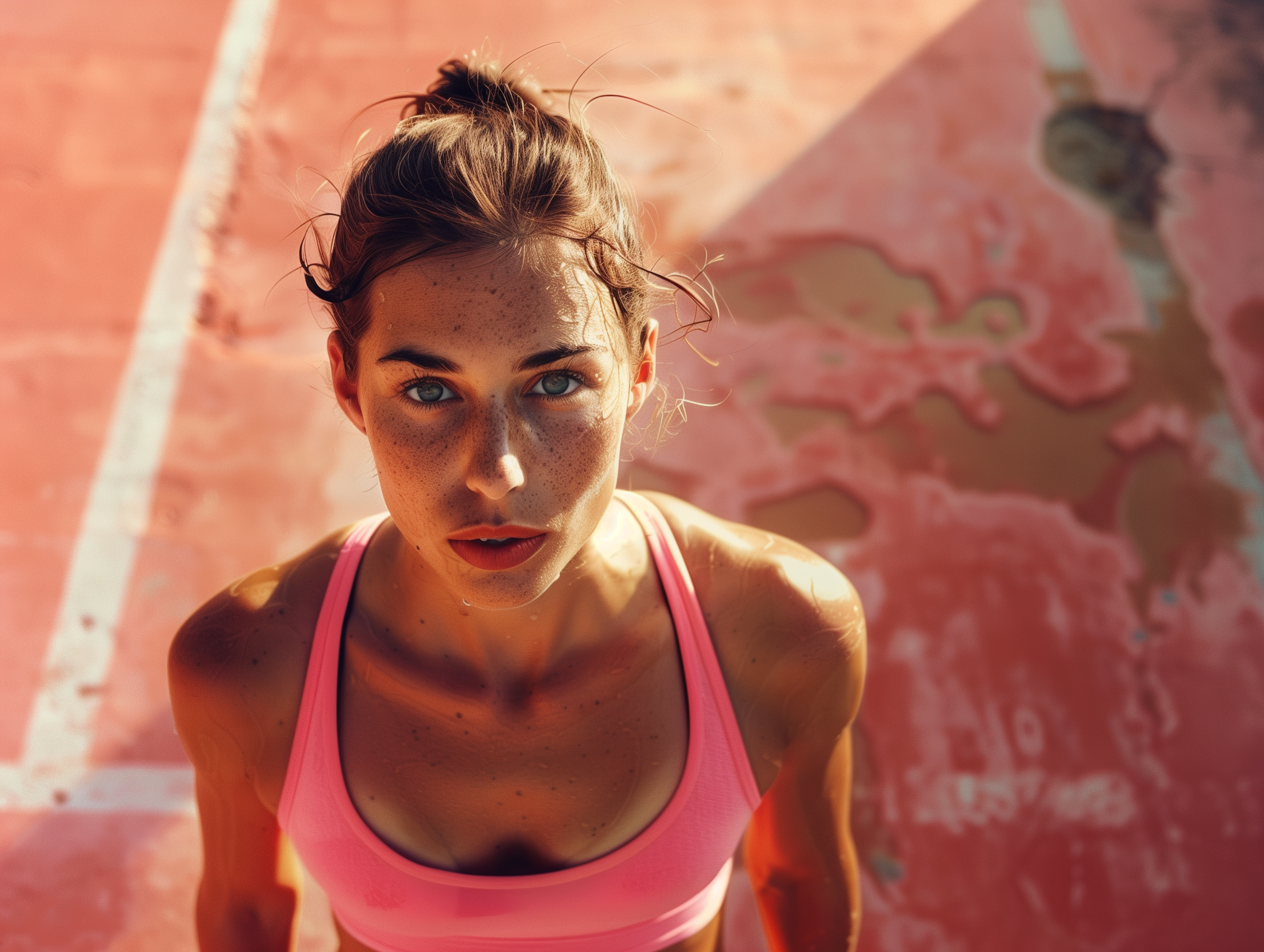 A young woman in a pink sports bra, looking up with a focused expression after an intense workout. She is standing on a worn, red athletic track, her skin glistening with sweat. The background features weathered lines and markings, emphasizing the dedication and perseverance required to maintain fitness and turn delays into productive exercise for busy women.