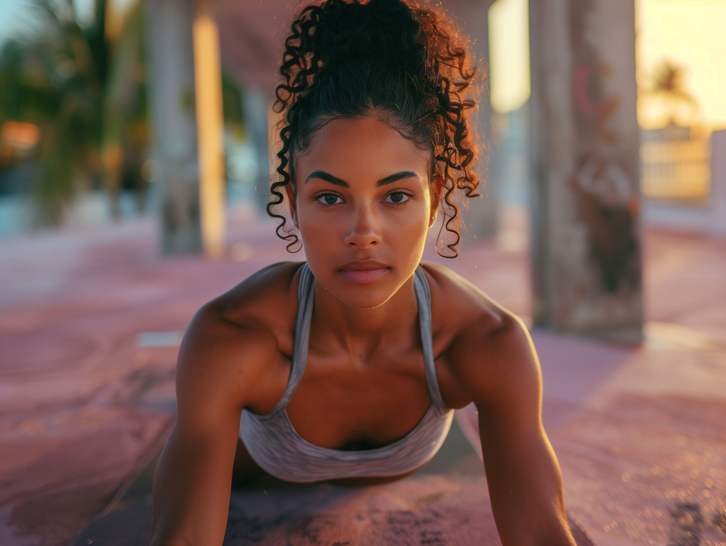 A focused young woman performing a yoga pose on a mat outdoors at sunset. She wears a grey sports bra and has her hair tied up in a curly ponytail. The background includes architectural elements and palm trees, highlighting a serene and active lifestyle. This image emphasizes the importance of incorporating fitness routines, such as yoga, into a busy schedule for overall wellness.