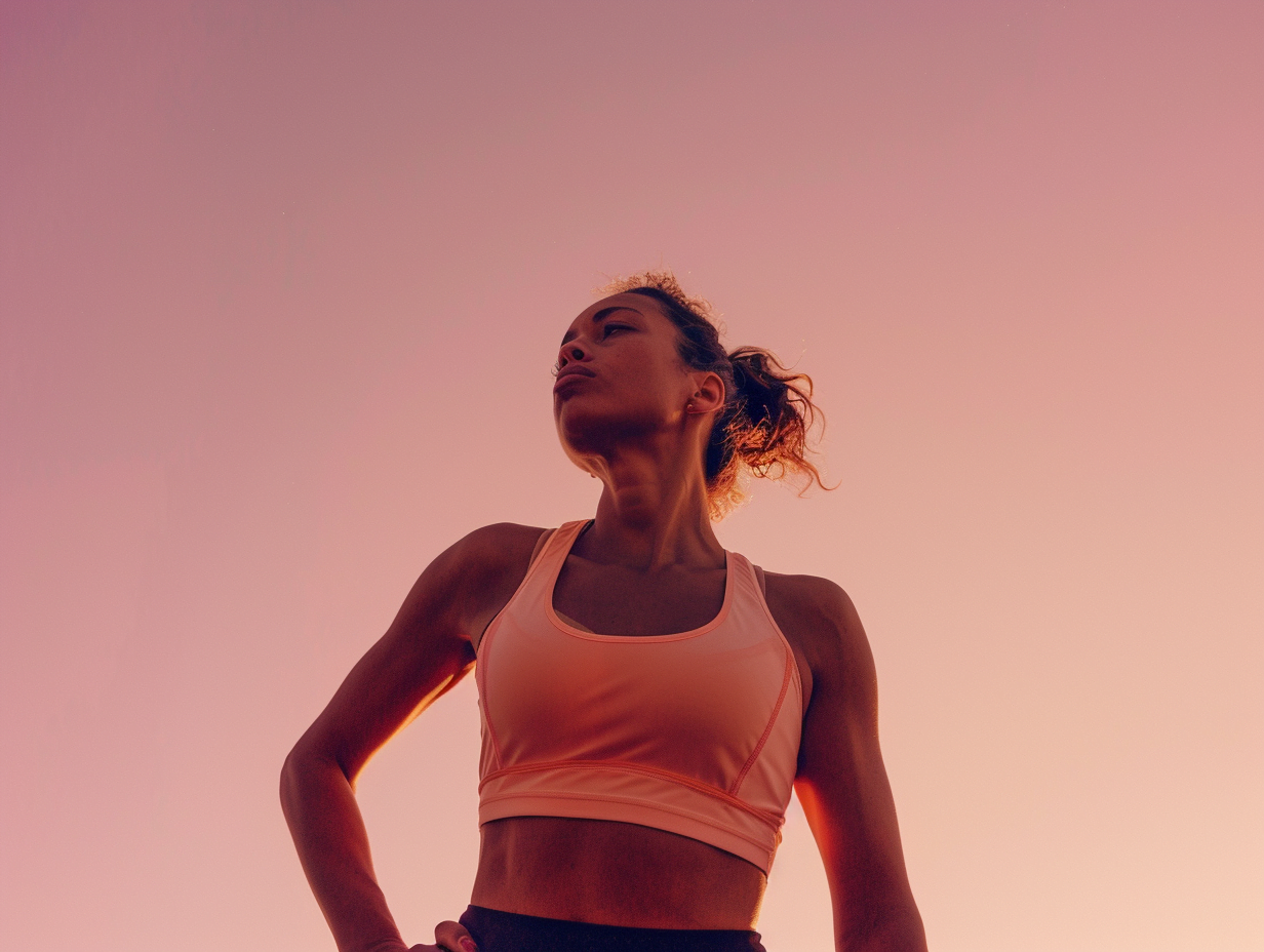 A determined young woman in a peach sports bra, standing with hands on hips against a clear pinkish-purple sky at dusk. She gazes confidently into the distance, embodying strength and focus. This powerful image emphasizes the importance of staying motivated and maintaining a regular fitness routine, even with a busy schedule.
